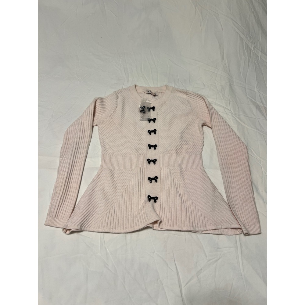 Nanette Lepore Pink Ribbed Peplum Cardigan Black Bow Toggles XS Long Sleeve
